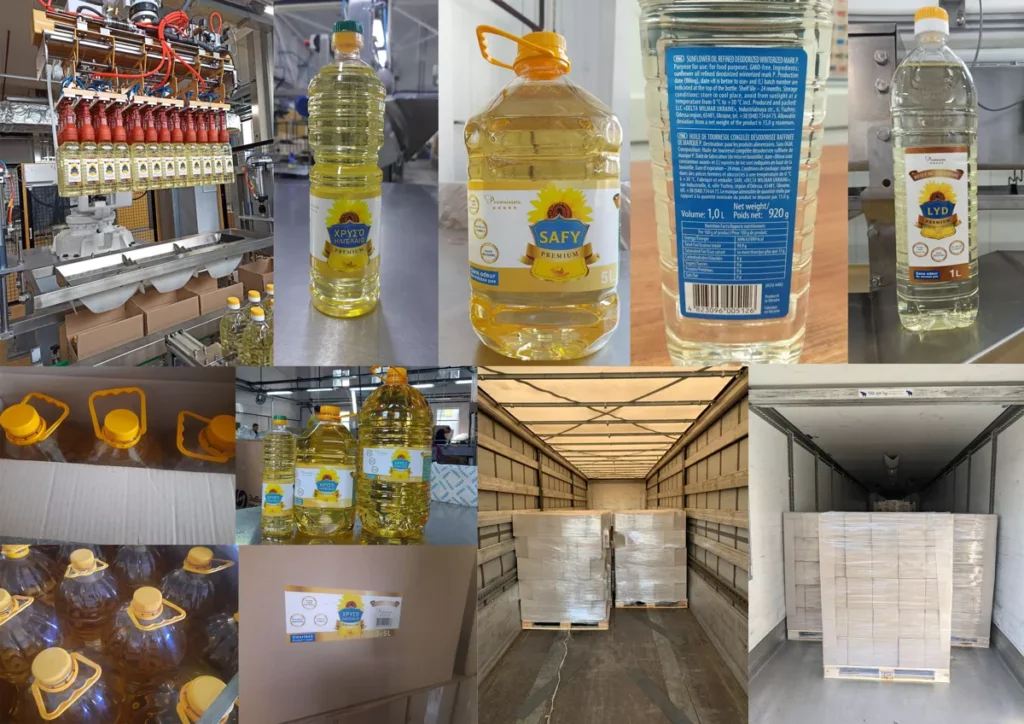 Plusieurs images montrant le processus de production, le conditionnement en bouteilles (1L et plus), les étiquettes de marque (Xpycro, Safy), l'emballage en carton et le chargement sur palettes pour l'expédition de l'huile de tournesol, illustrant les opérations d'un grossiste en huile de tournesol.