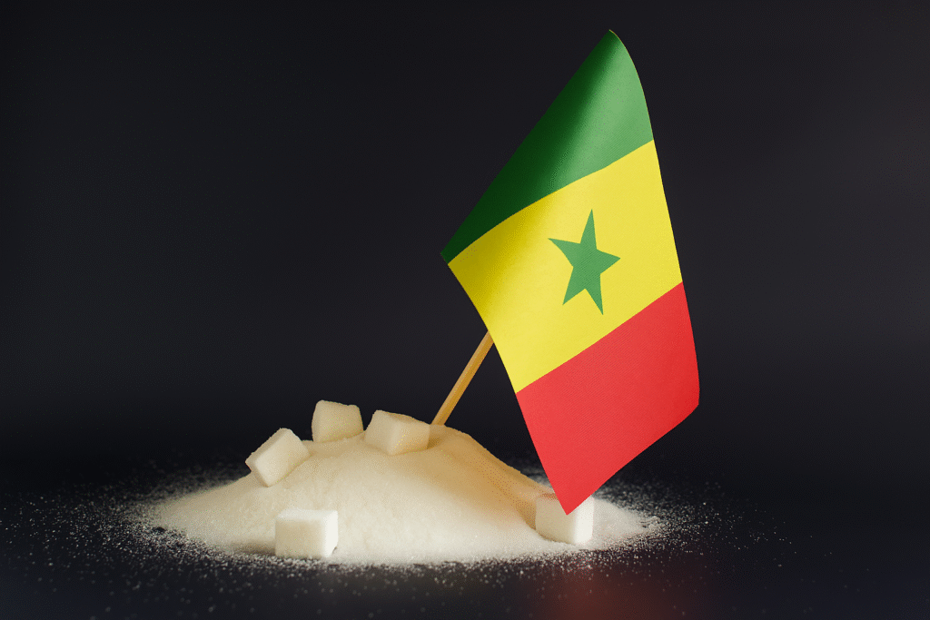 Sucre ICUMSA 45 en poudre avec drapeau du Sénégal
