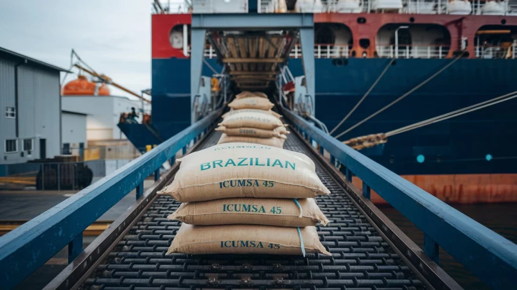 Chargement par bateau de sacs de 50kg de sucre icumsa 45 du Brésil