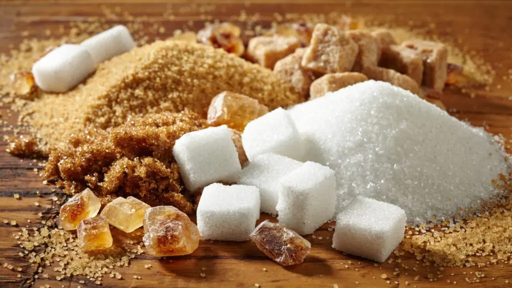 Variétés de sucre : sucre blanc en poudre, morceaux de sucre blanc, sucre roux, cassonade et sucre en cristaux